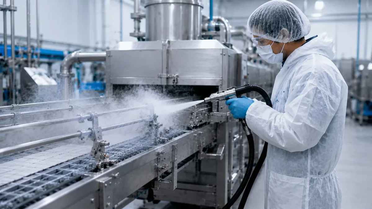 Nettoyage cryogénique sans eau d'une ligne de production agroalimentaire — glace carbonique de grade alimentaire