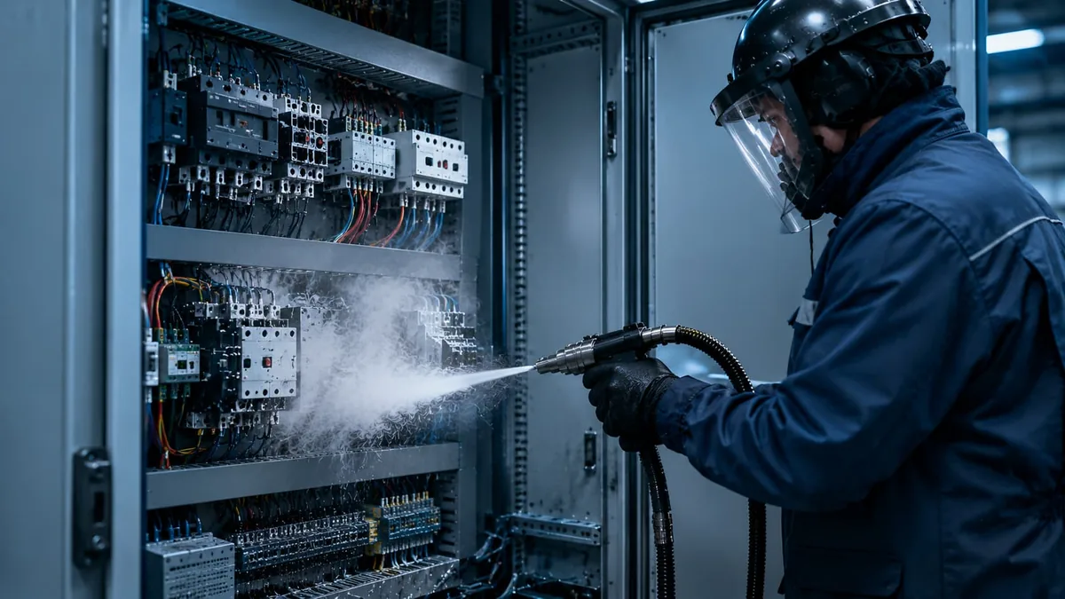 Nettoyage cryogénique d'une armoire électrique industrielle — procédé sec et non conducteur